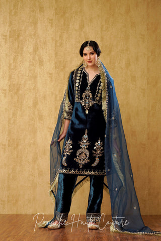 Blue Silk Velvet Punjabi Suit Luxurious Ethnic Wear for Women