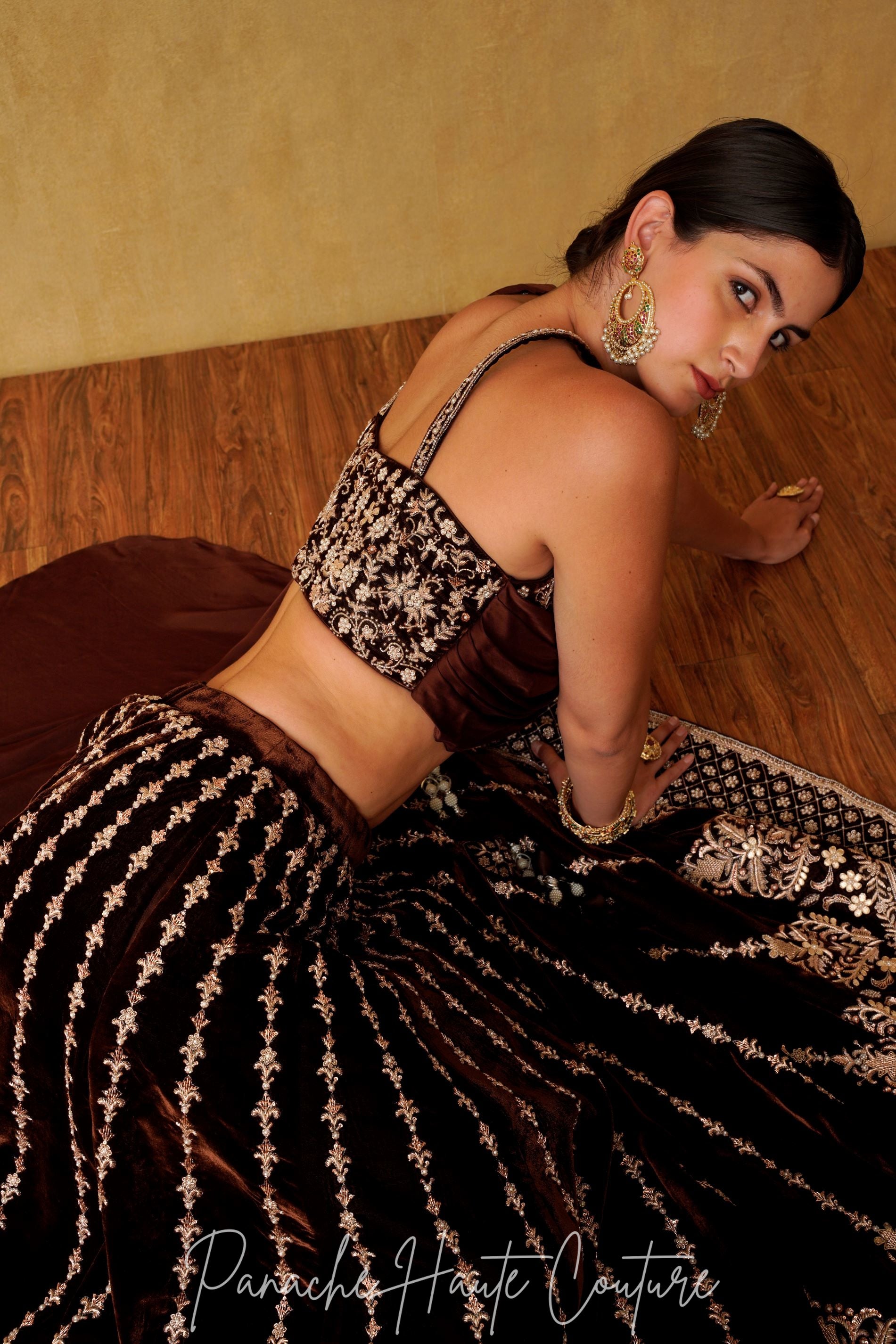 Chocolate Color Velvet Lehenga Set