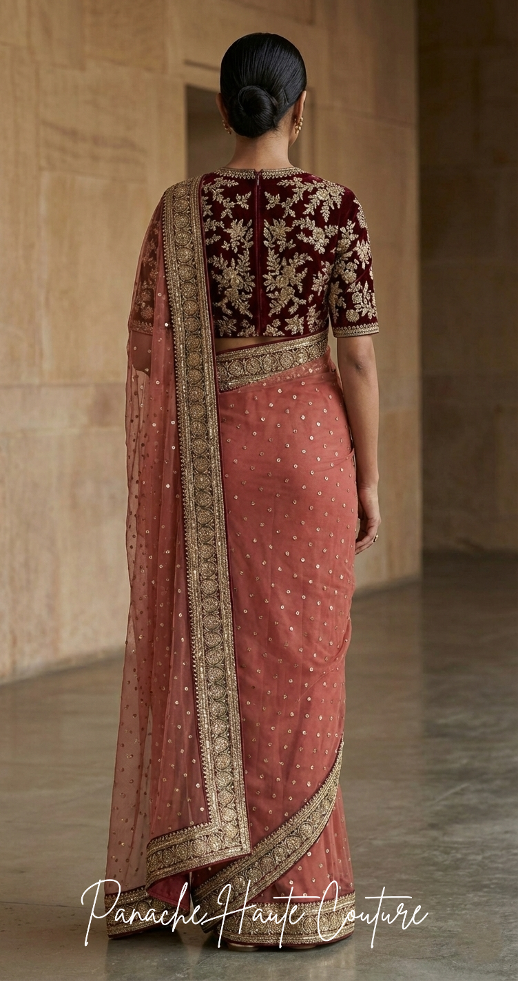 Coral Red Net Saree with Marodi Embroidery Zardozi Blouse