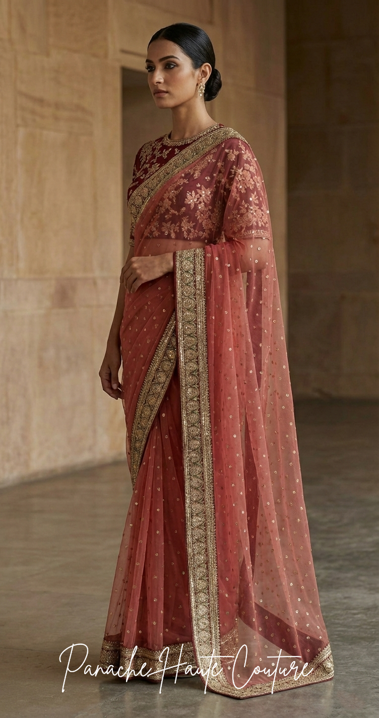 Coral Red Net Saree with Marodi Embroidery Zardozi Blouse