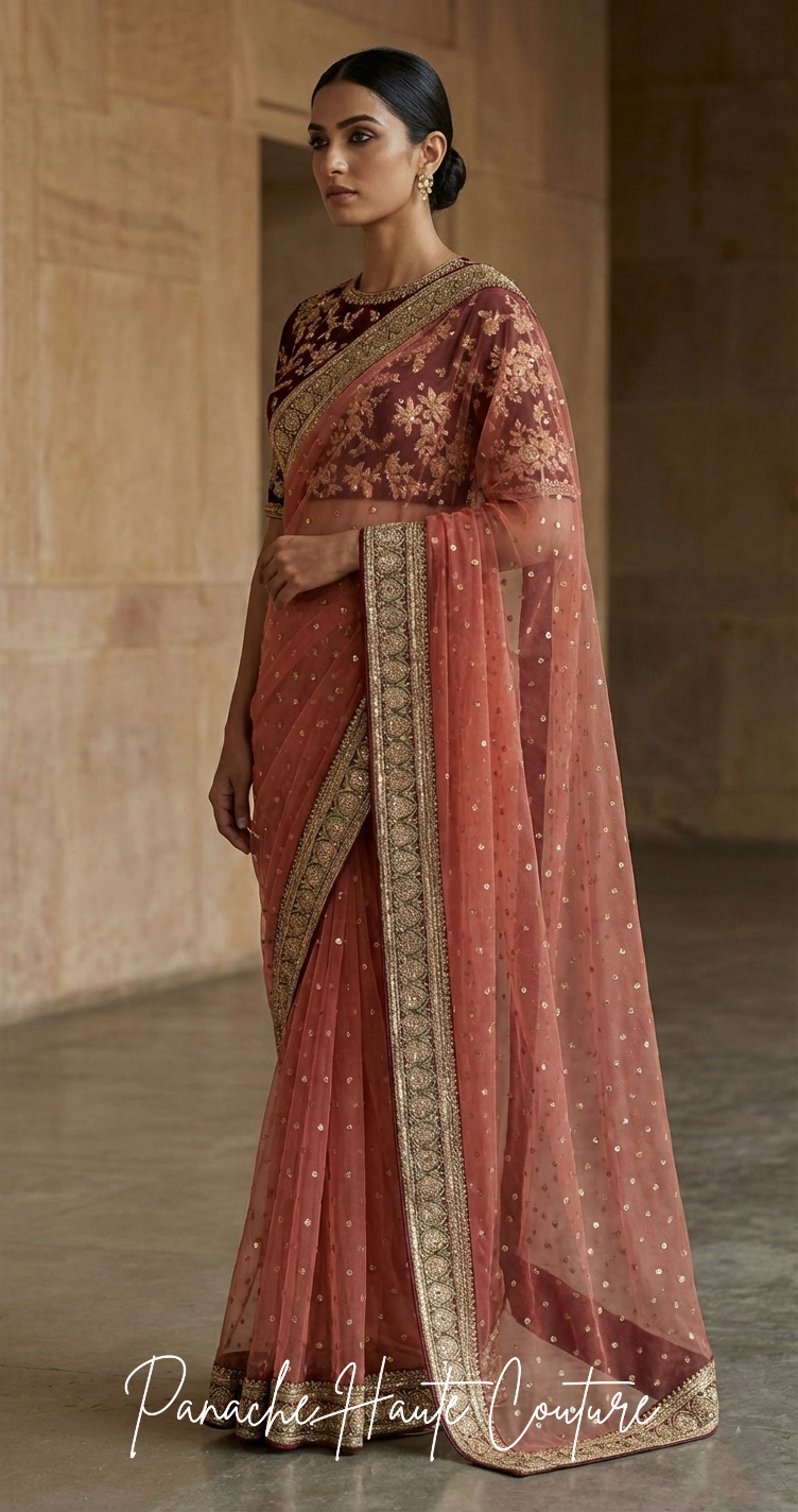 Coral Red Net Saree with Marodi & Zardozi Work | Panache Haute Couture