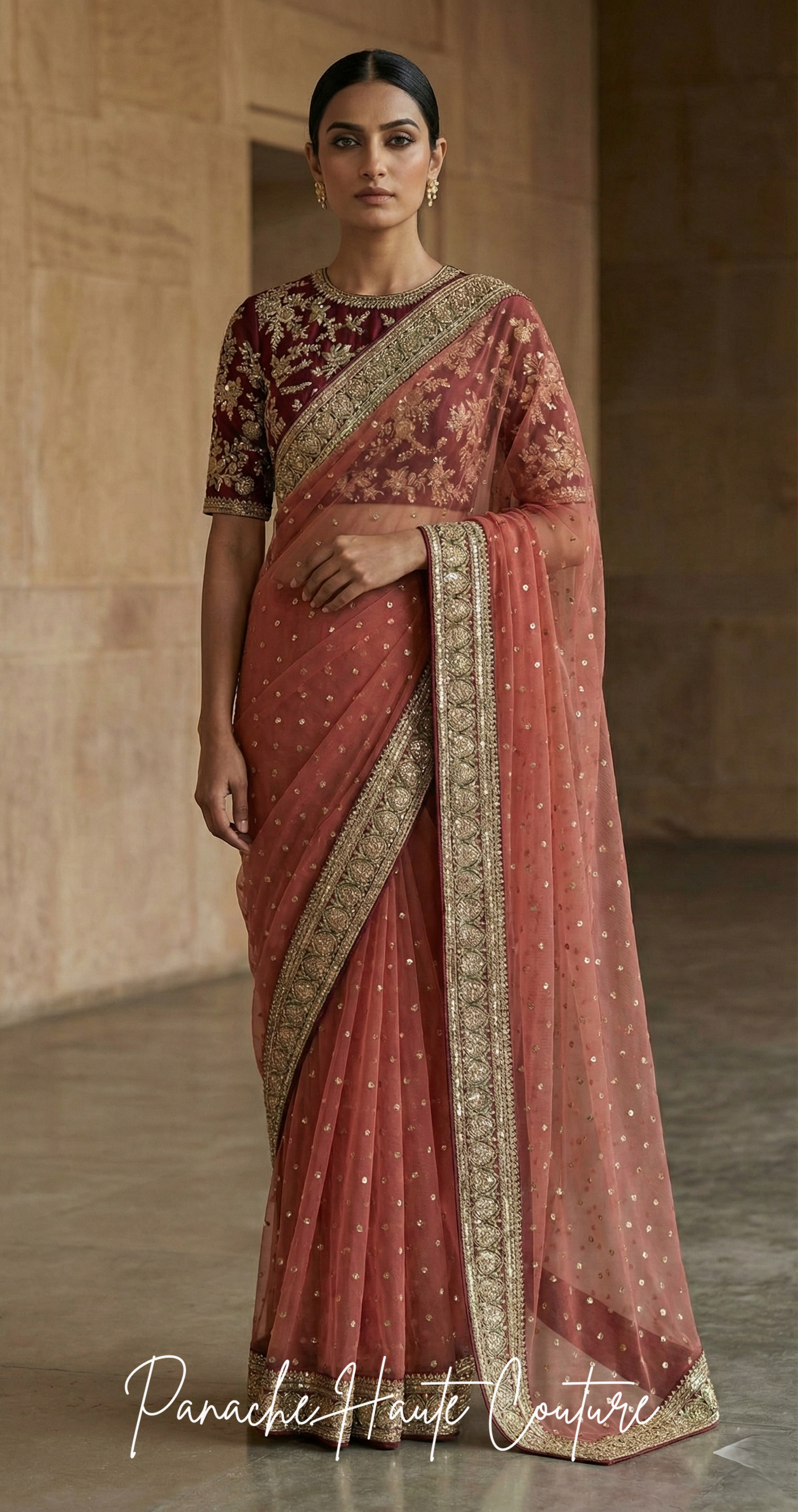 Coral Red Net Saree with Marodi Embroidery & Zardozi Blouse