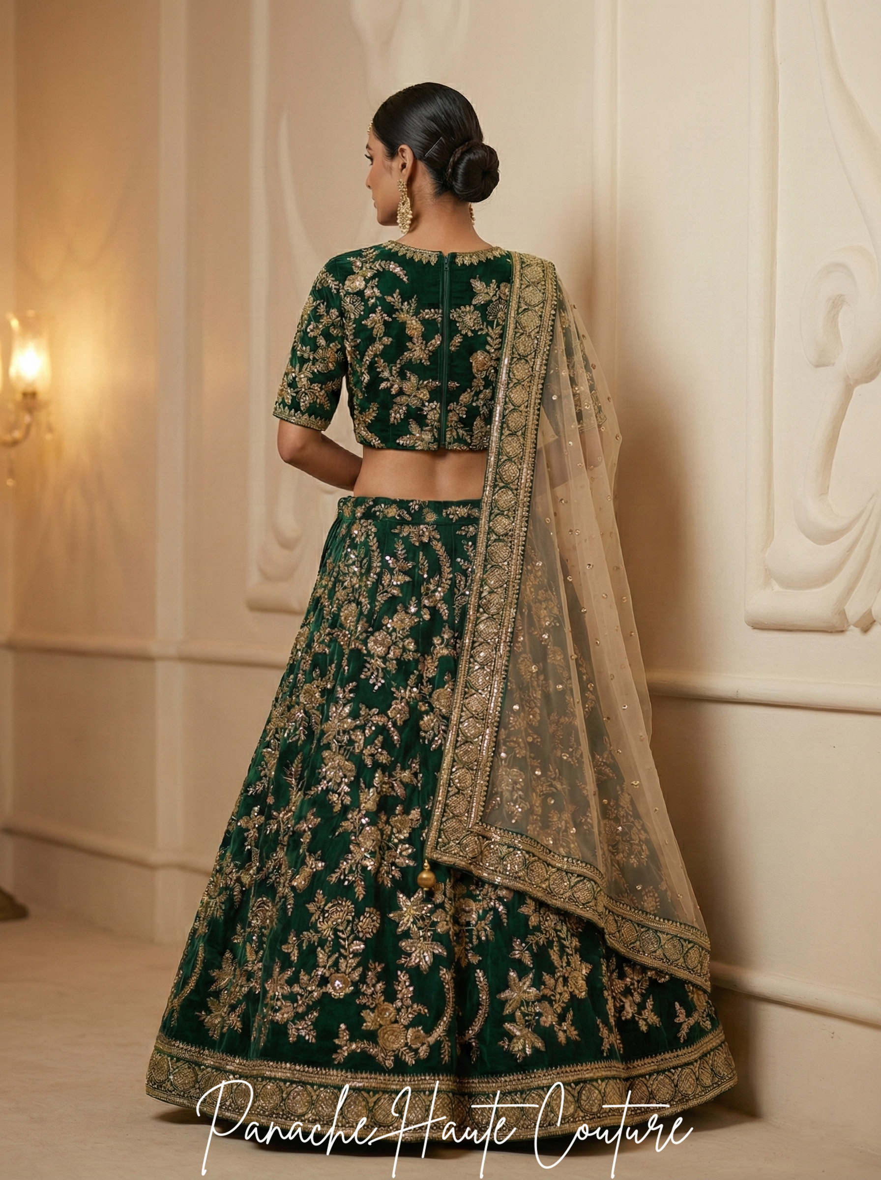 Dark Green Raw Silk Bridal Lehenga Choli with Gold Hand Embroidery | Panache Haute Couture
