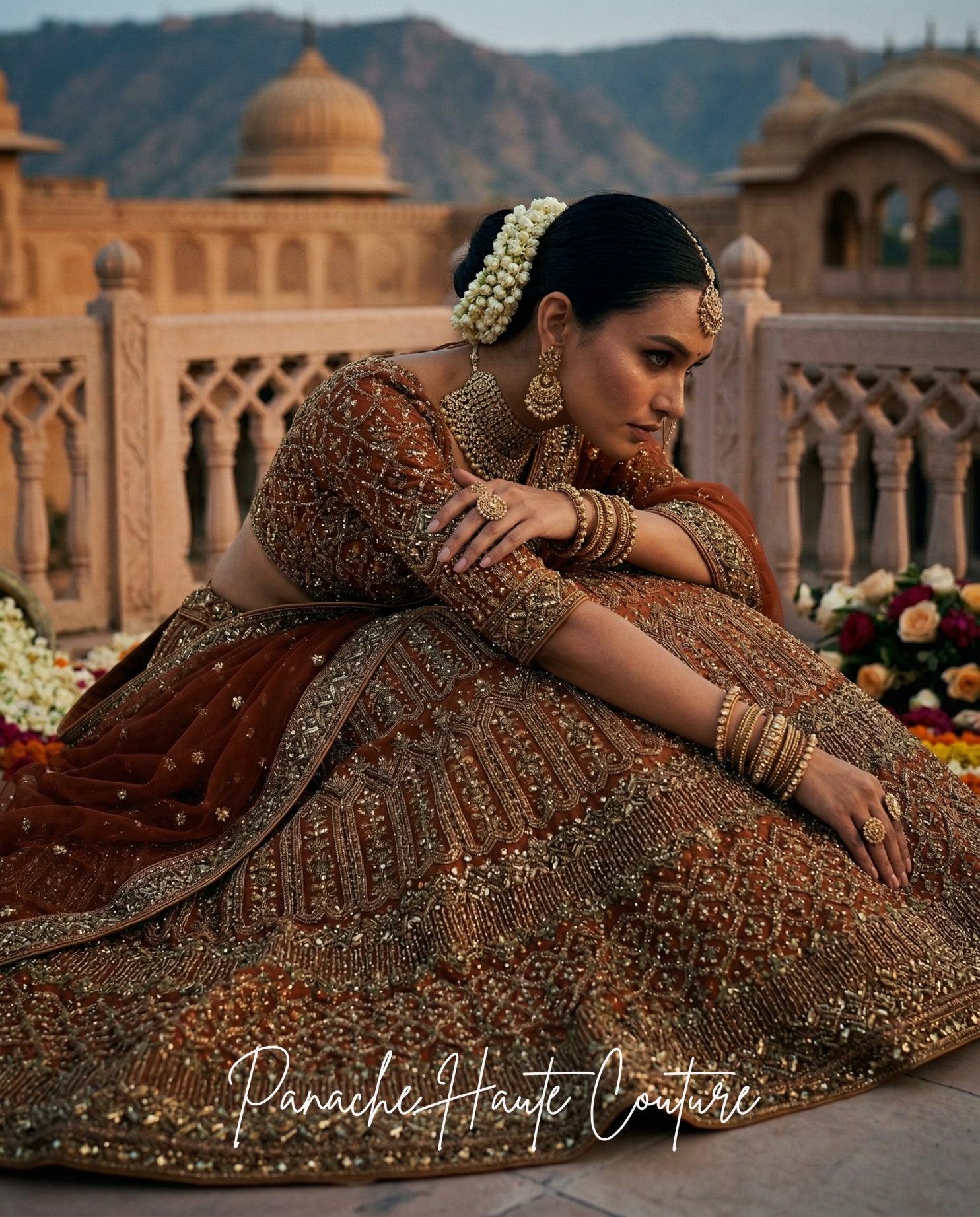 Fizza Burnt Henna Net Contemporary Lehenga