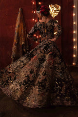 Exquisite Black Lehenga Choli with Red & Gold Appliqué and Zardozi Embroidery