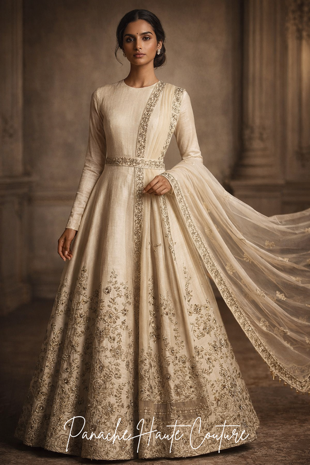 Ivory Raw Silk Wedding Gown with Zardozi Embroidery