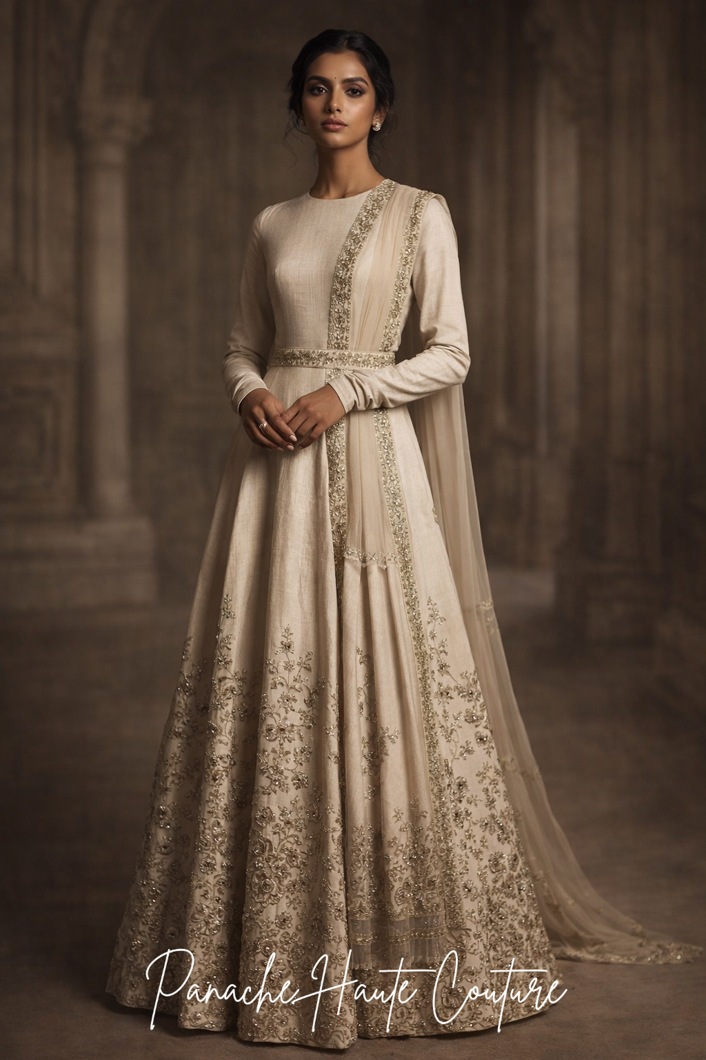 Ivory Raw Silk Wedding Gown with Zardozi Embroidery