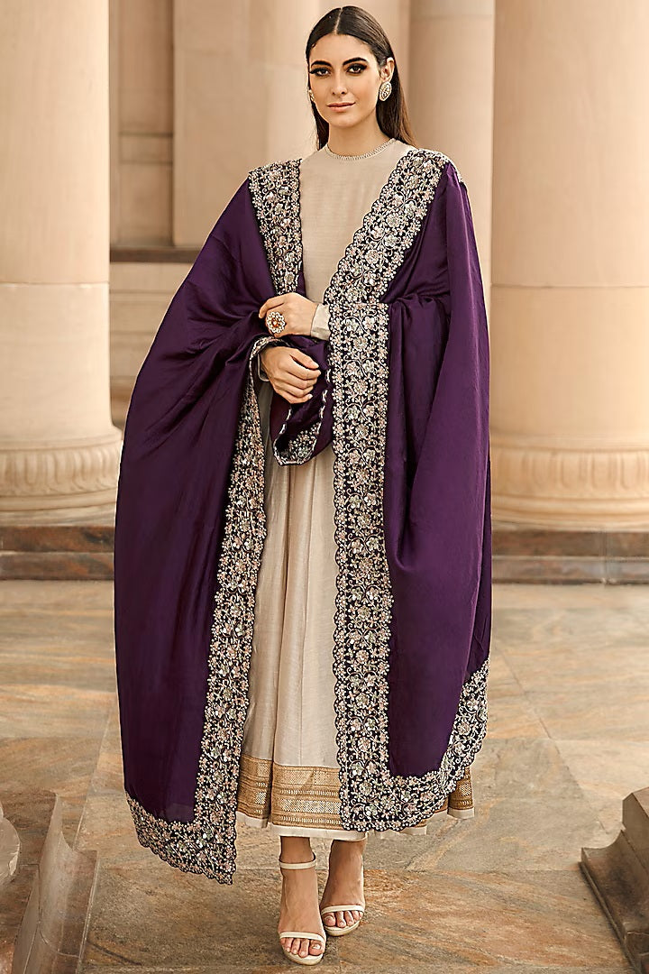 Elegant Beige Chanderi Anarkali with Hand-Embroidered Purple Raw Silk Shawl