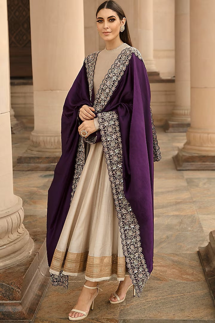 Elegant Beige Chanderi Anarkali with Hand-Embroidered Purple Raw Silk Shawl