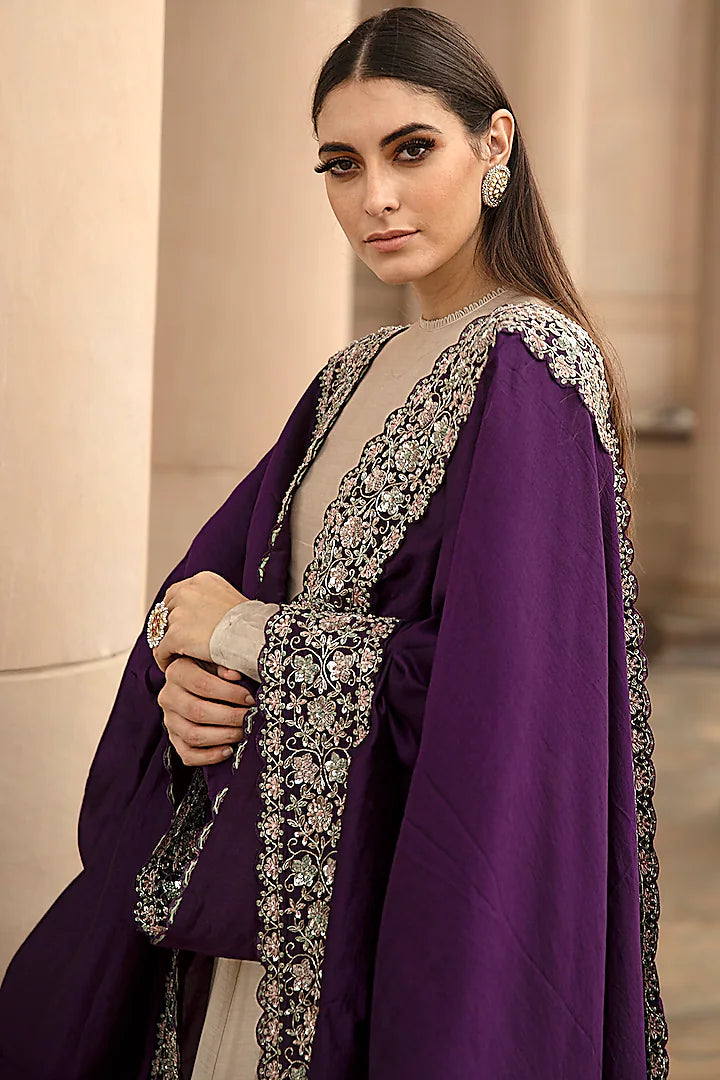 Elegant Beige Chanderi Anarkali with Hand-Embroidered Purple Raw Silk Shawl