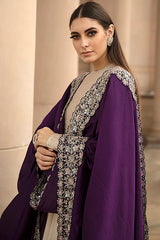 Elegant Beige Chanderi Anarkali with Hand-Embroidered Purple Raw Silk Shawl