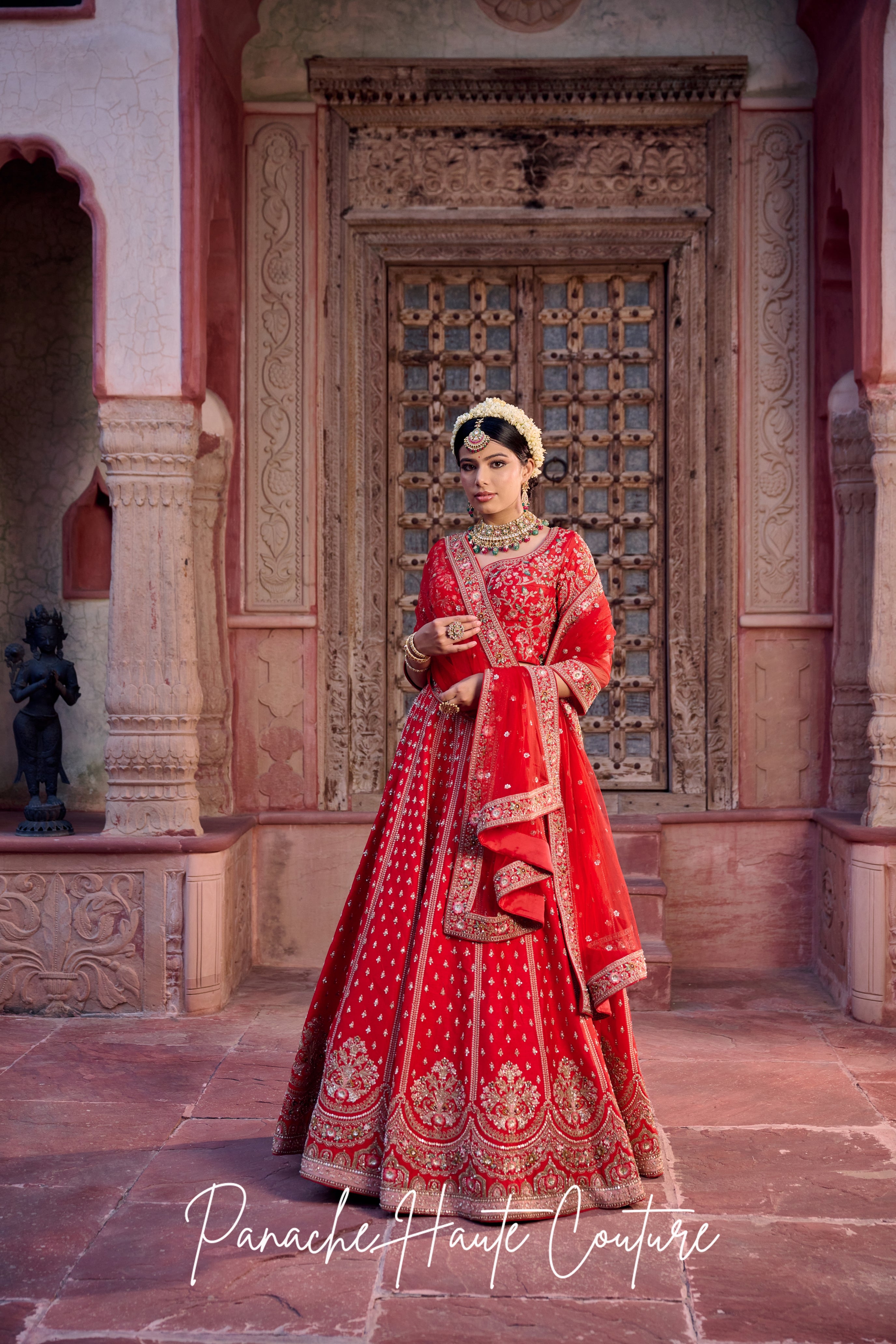 Keya Red Dupion Bridal Lehenga with Floral Embroidery – Jahan Collection