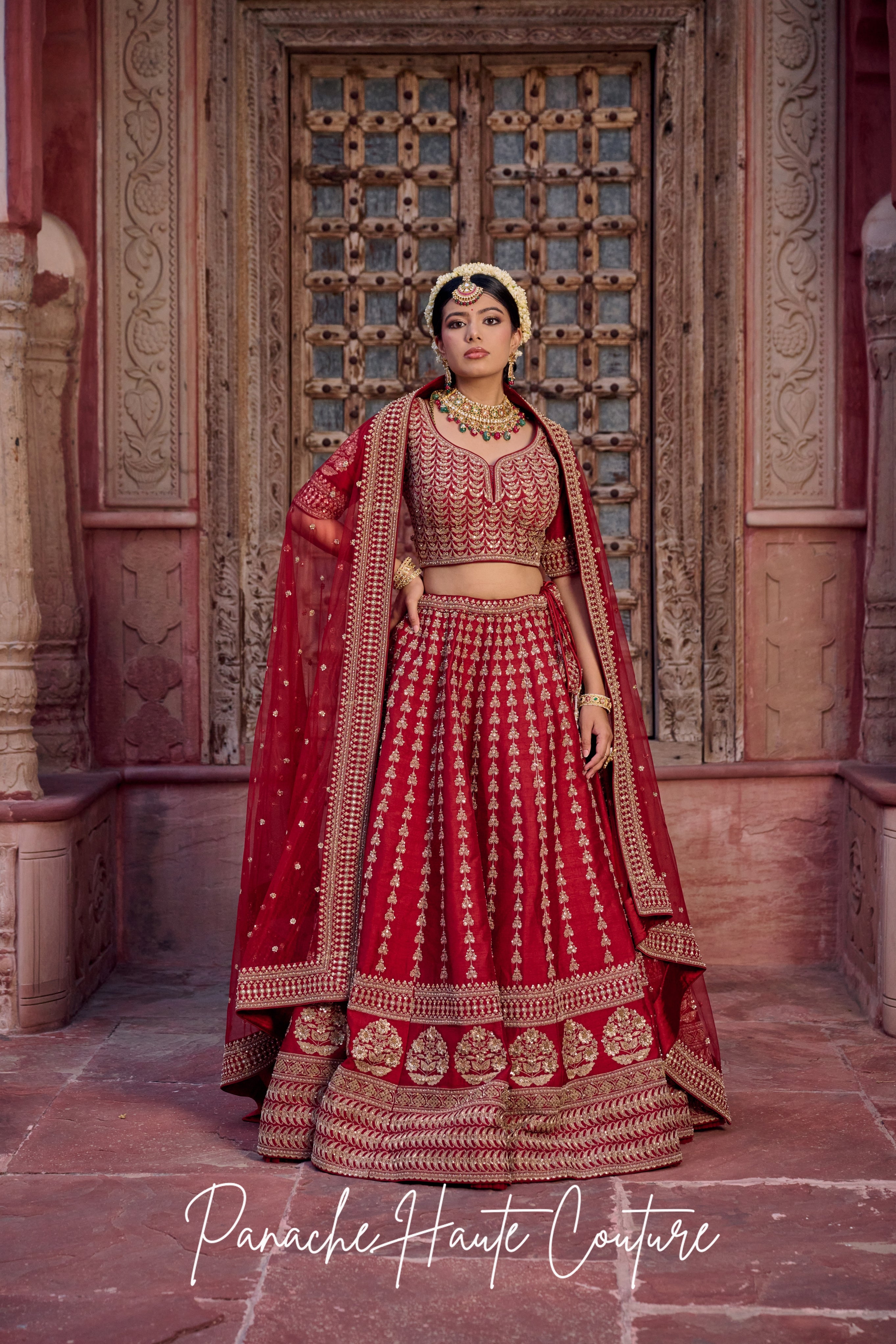 Maroon Lohita Lehenga in Dupion with Marodi & Kasab Work