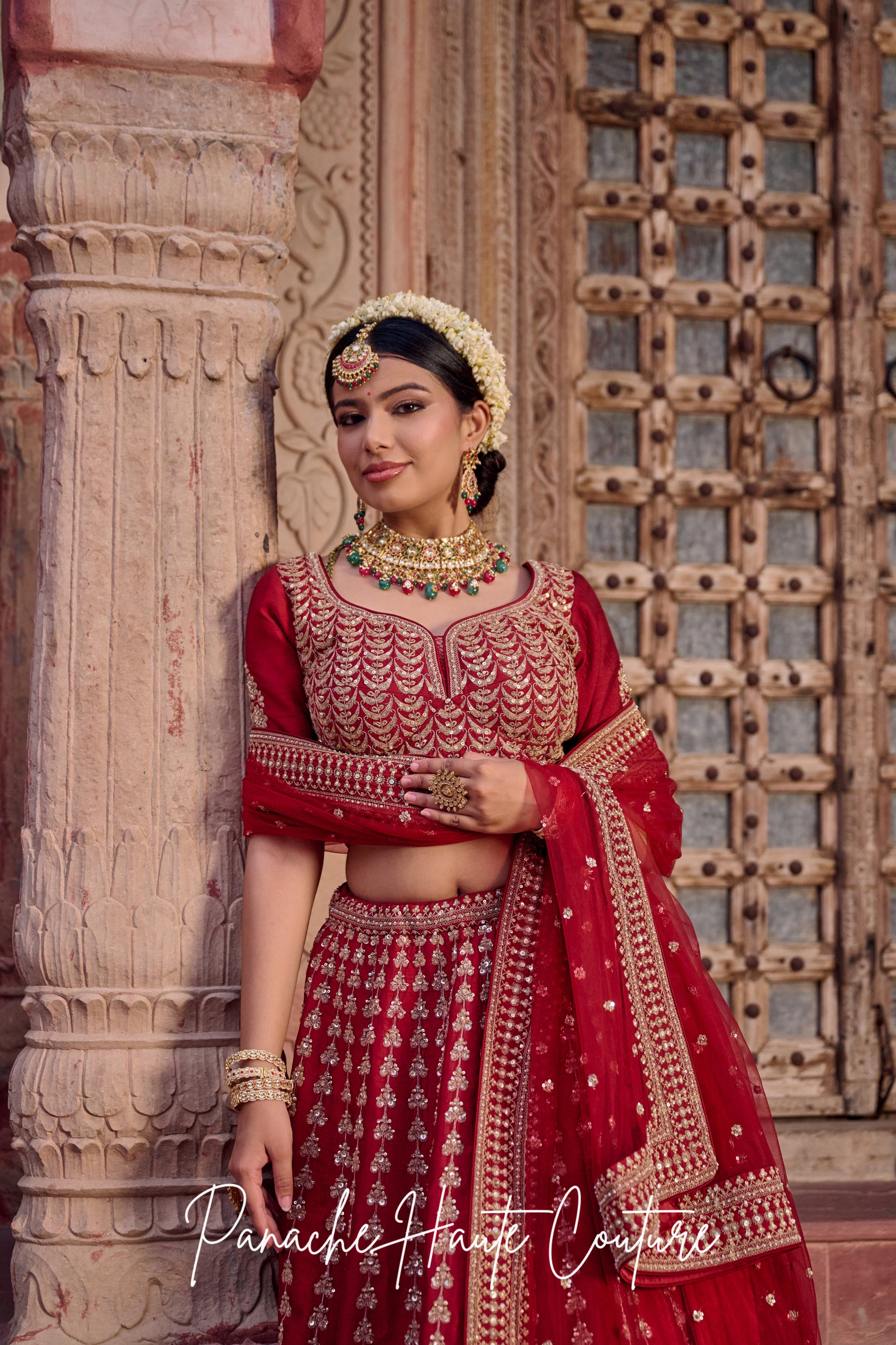 Maroon Lohita Lehenga in Dupion with Marodi & Kasab Work
