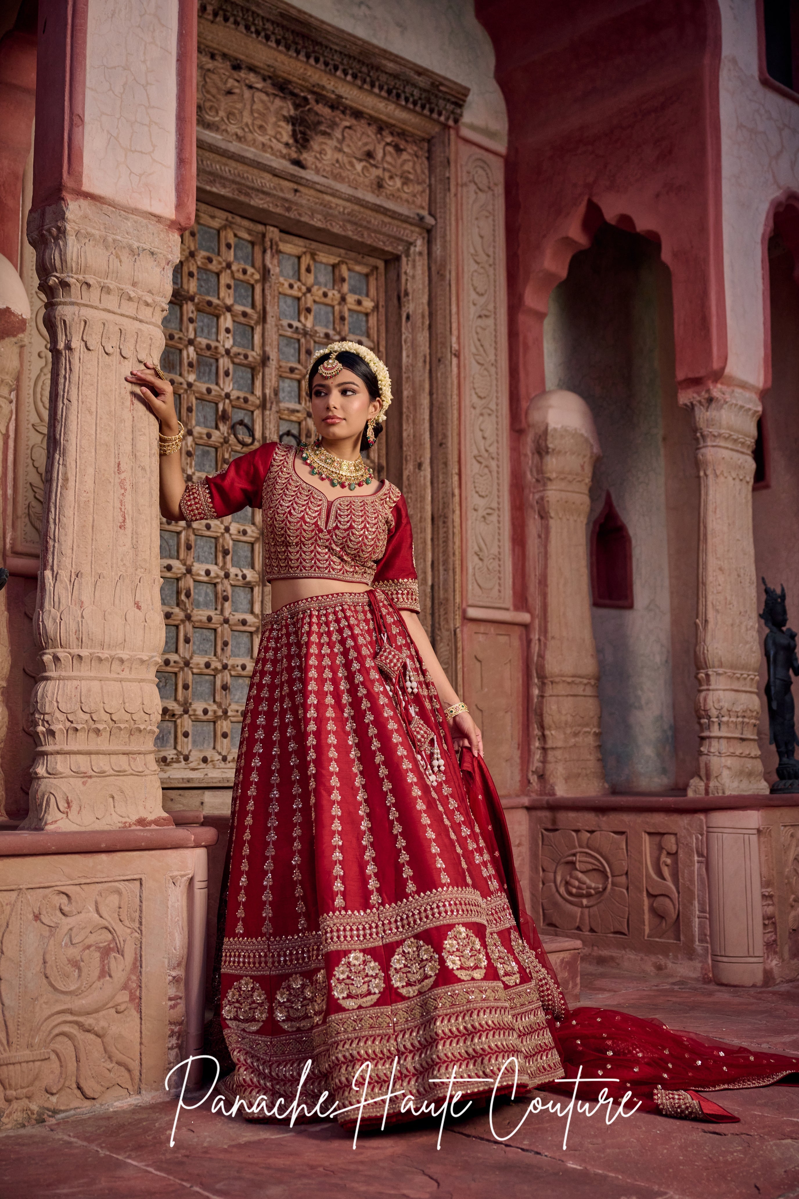 Maroon Lohita Lehenga in Dupion with Marodi & Kasab Work