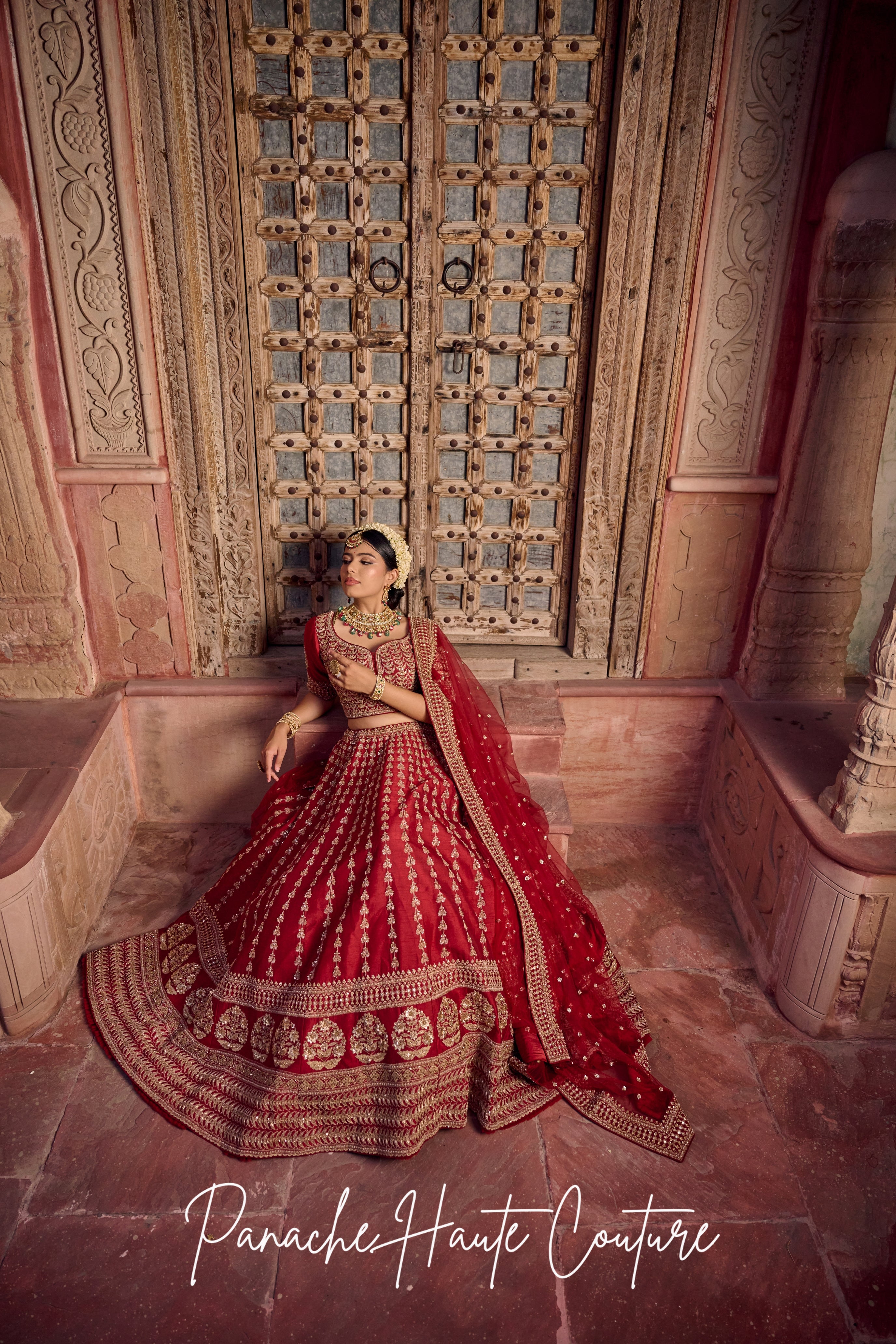 Maroon Lohita Lehenga in Dupion with Marodi & Kasab Work