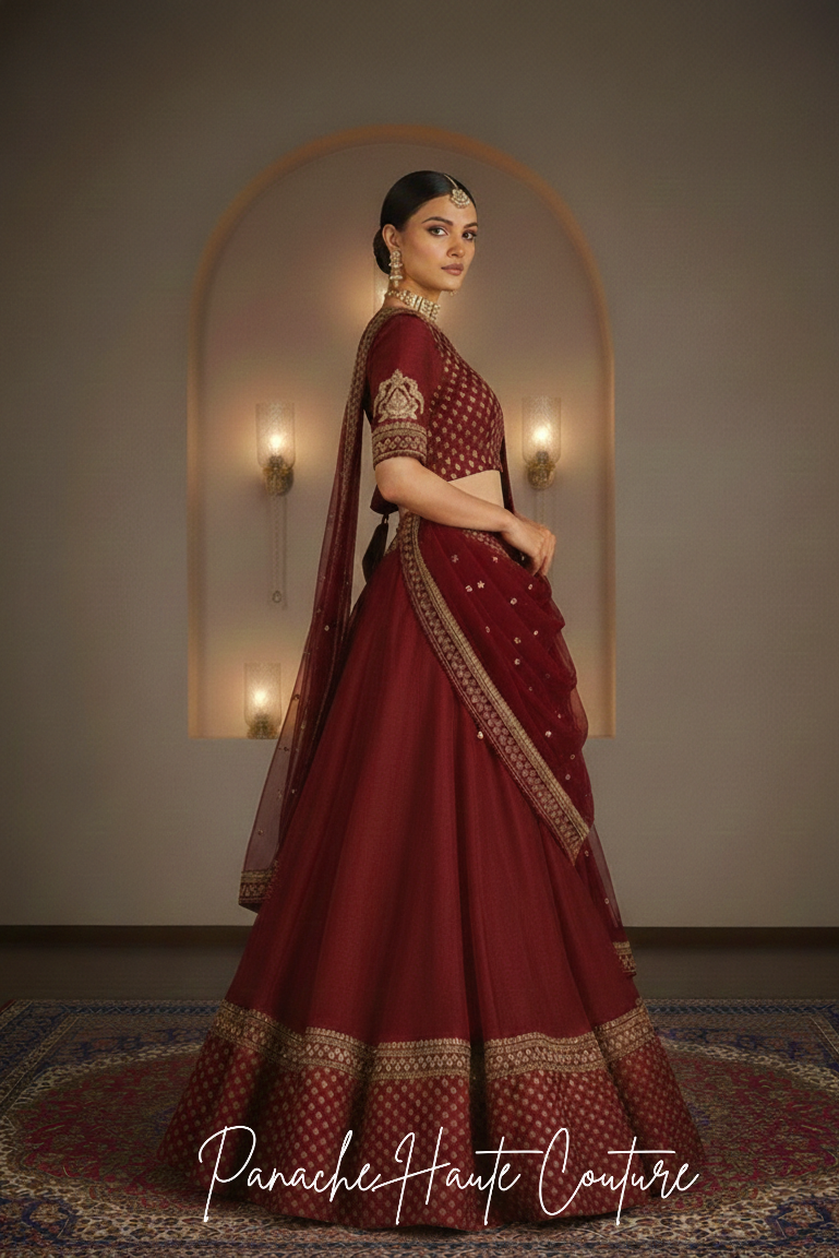 Maroon Red Organza Silk Lehenga Set with Hand Embroidery | Panache Haute Couture