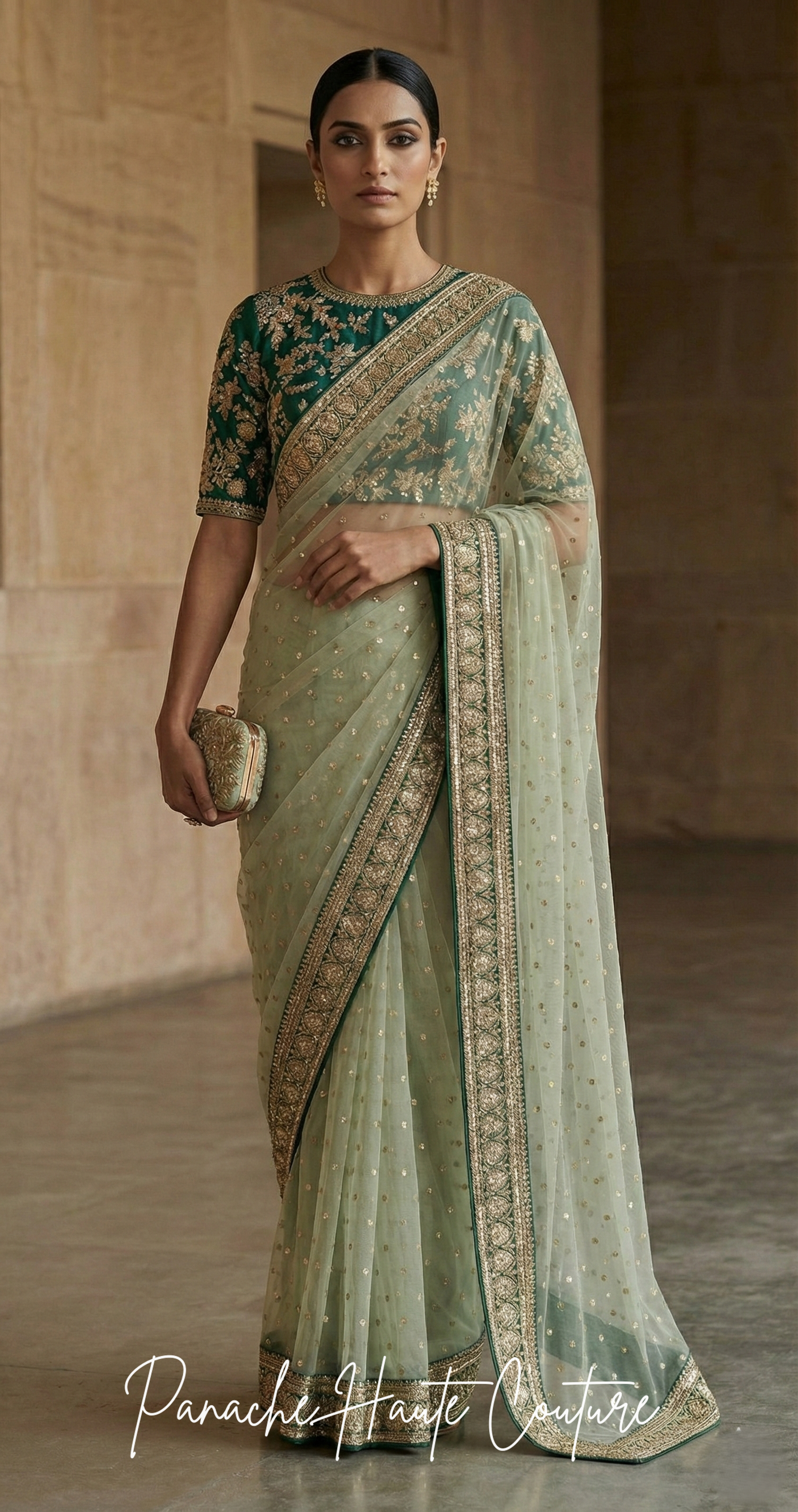 Mint Green Net Saree with Handcrafted Zardozi Marodi Work