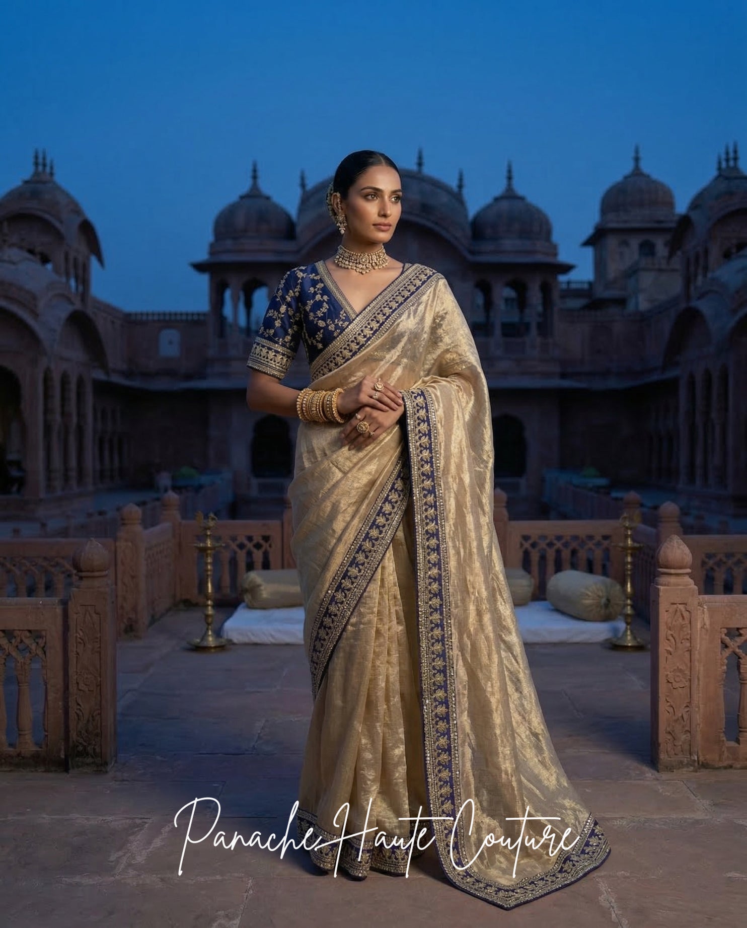 Mrinal – Banarasi Silk Tissue Saree with Navy Raw Silk Blouse by Panache Haute Couture