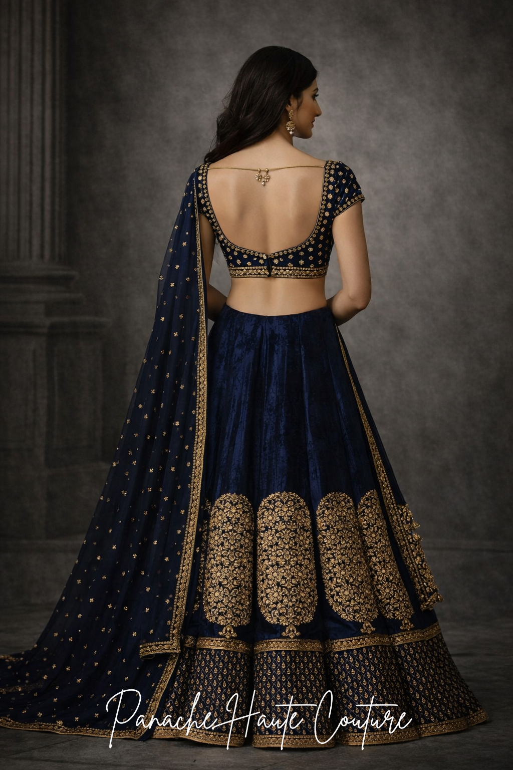 Navy Blue Silk Velvet Wedding Lehenga Set