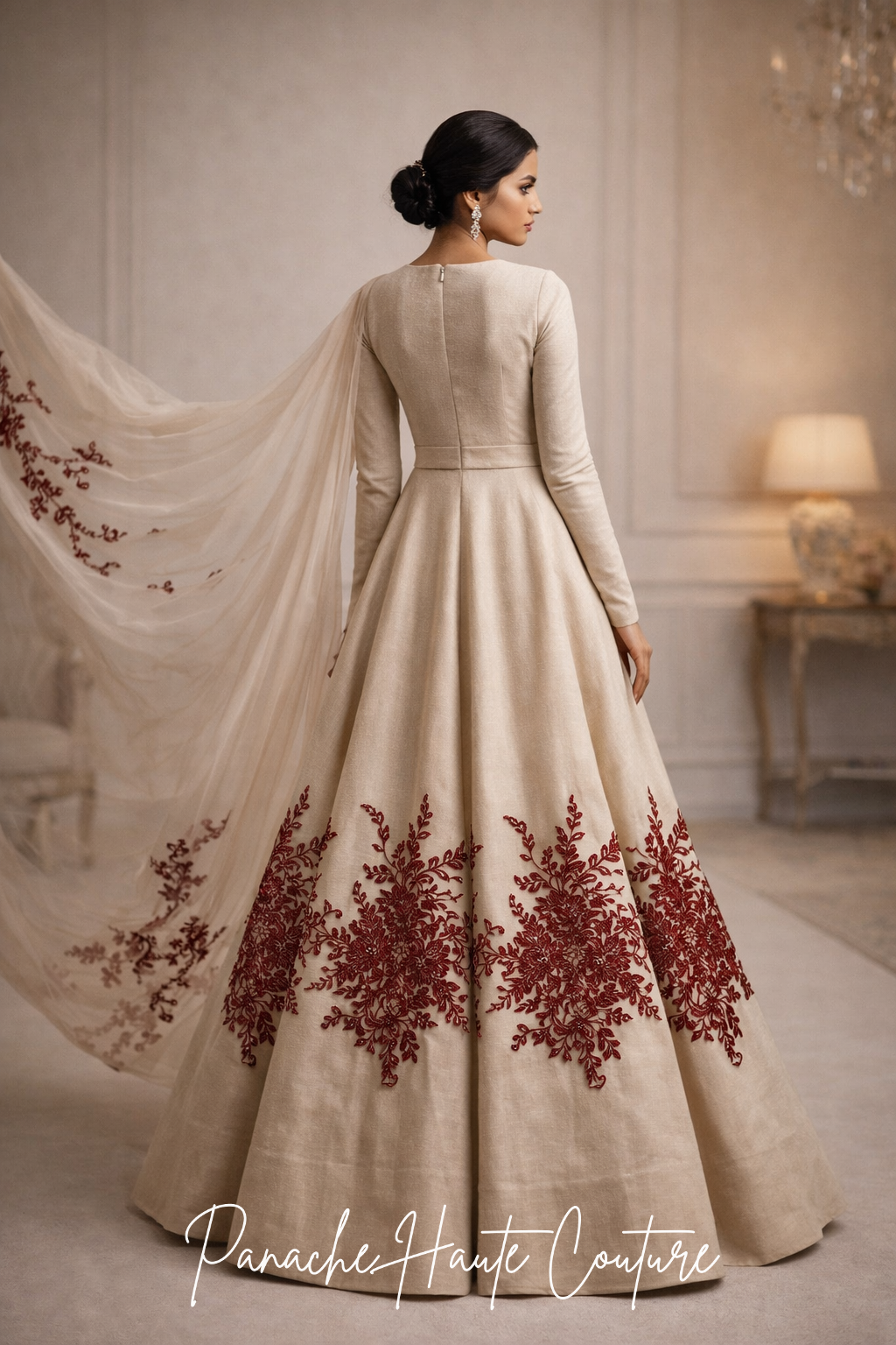 Pastel Raw Silk Floor Length Gown with Maroon Embroidery