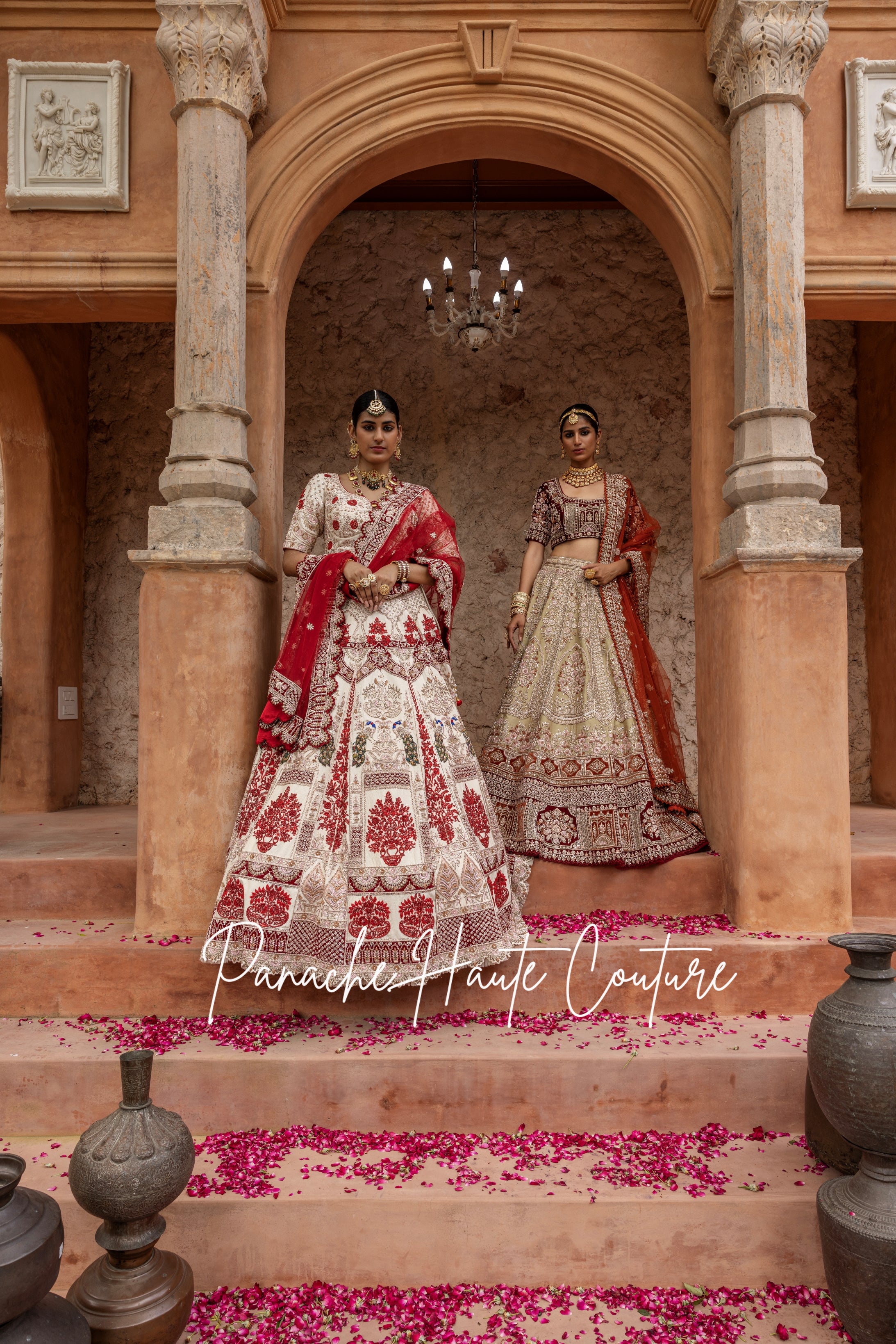 Pearled Ivory Lehenga with Maroon Zardozi Motifs & Velvet Appliques, Paired with Maroon Tulle Dupatta