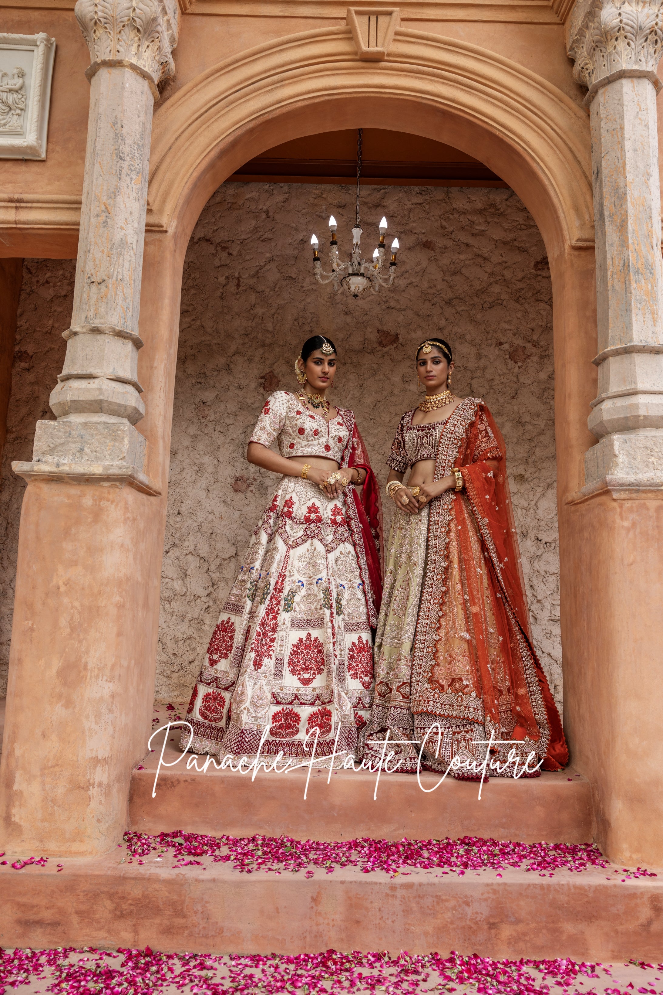 Pearled Ivory Lehenga with Maroon Zardozi Motifs & Velvet Appliques, Paired with Maroon Tulle Dupatta