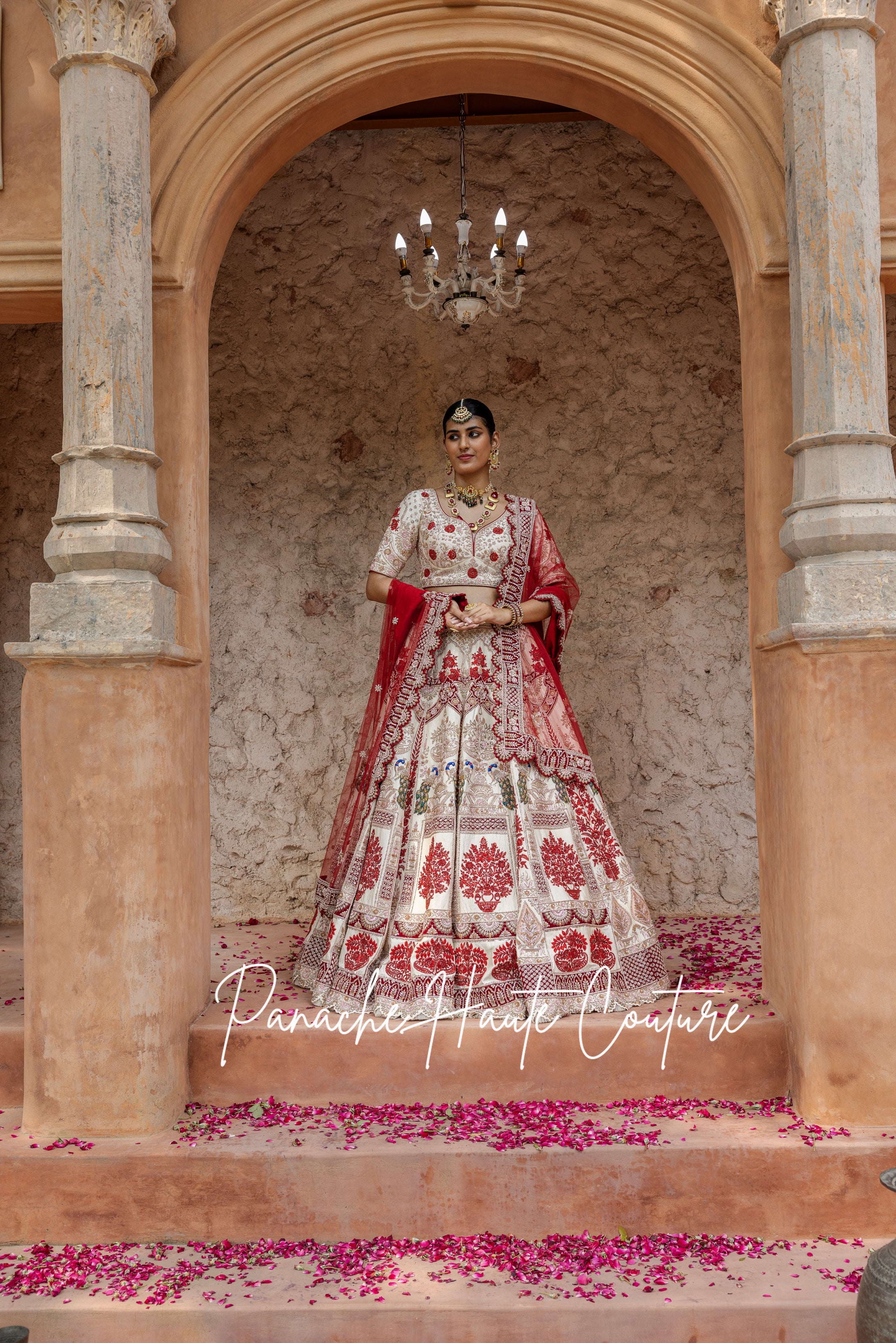 Pearled Ivory Lehenga with Maroon Zardozi Motifs & Velvet Appliques, Paired with Maroon Tulle Dupatta