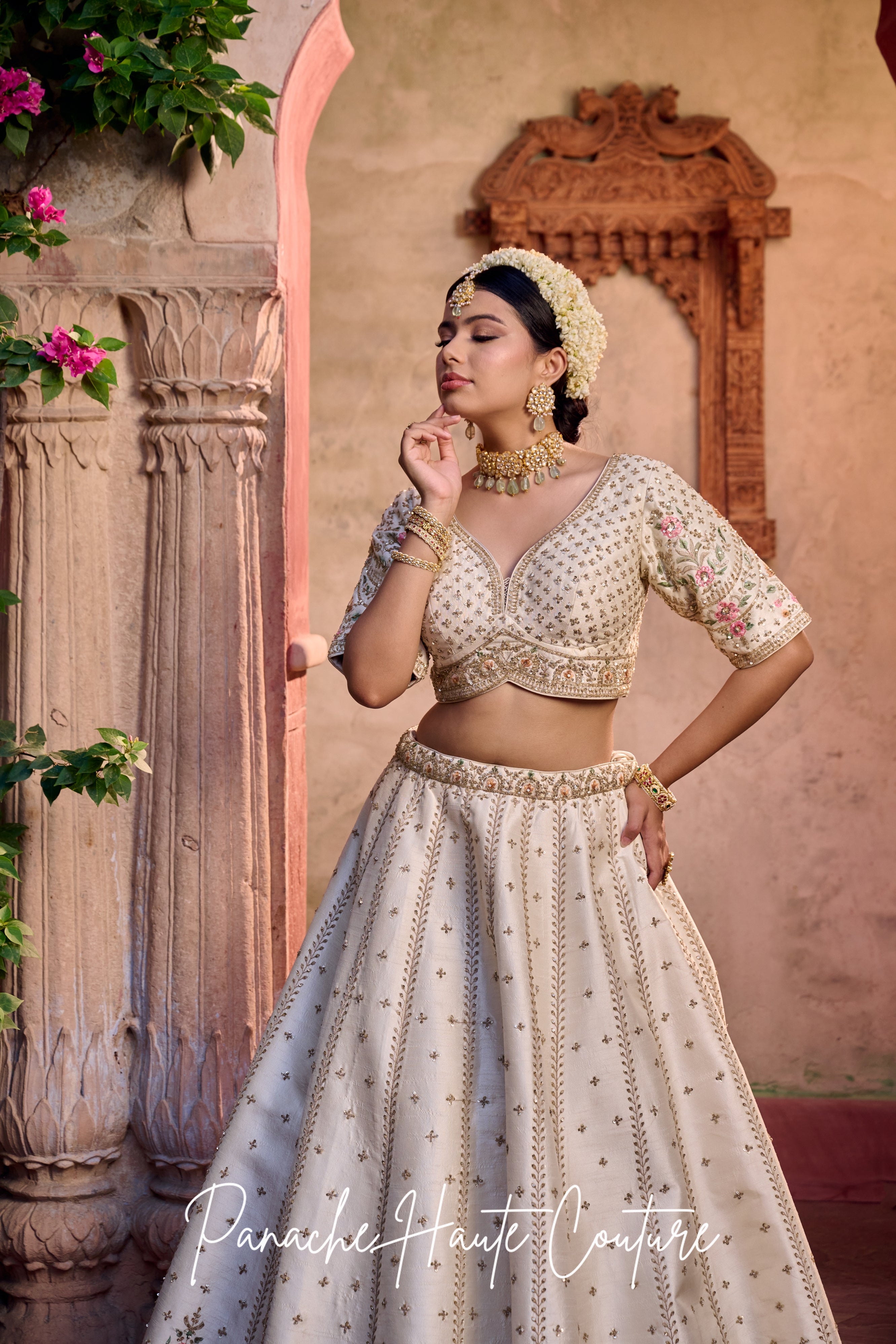 Rashika Off-White Dupion Lehenga with Pink Dupatta – Jahan Collection