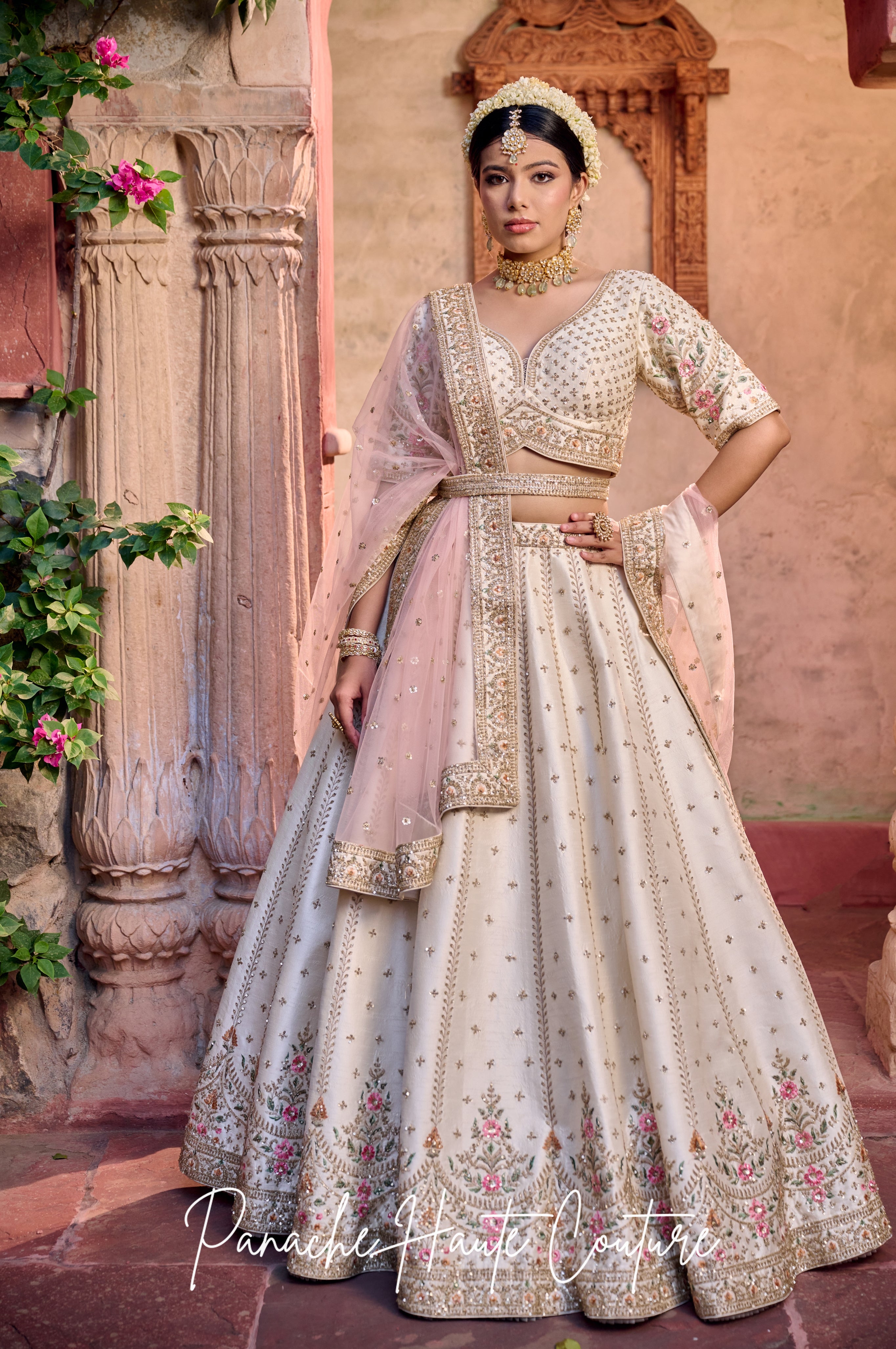 Rashika Off-White Dupion Lehenga with Pink Dupatta – Jahan Collection