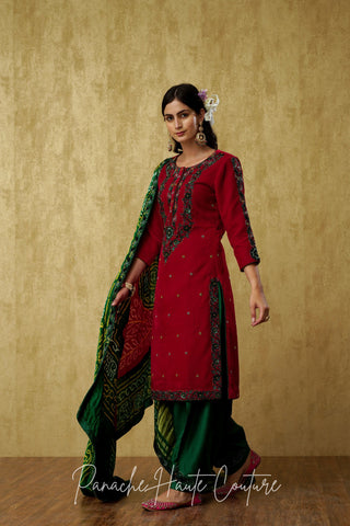 Stunning Dark Emerald Green and Red Punjabi Suit