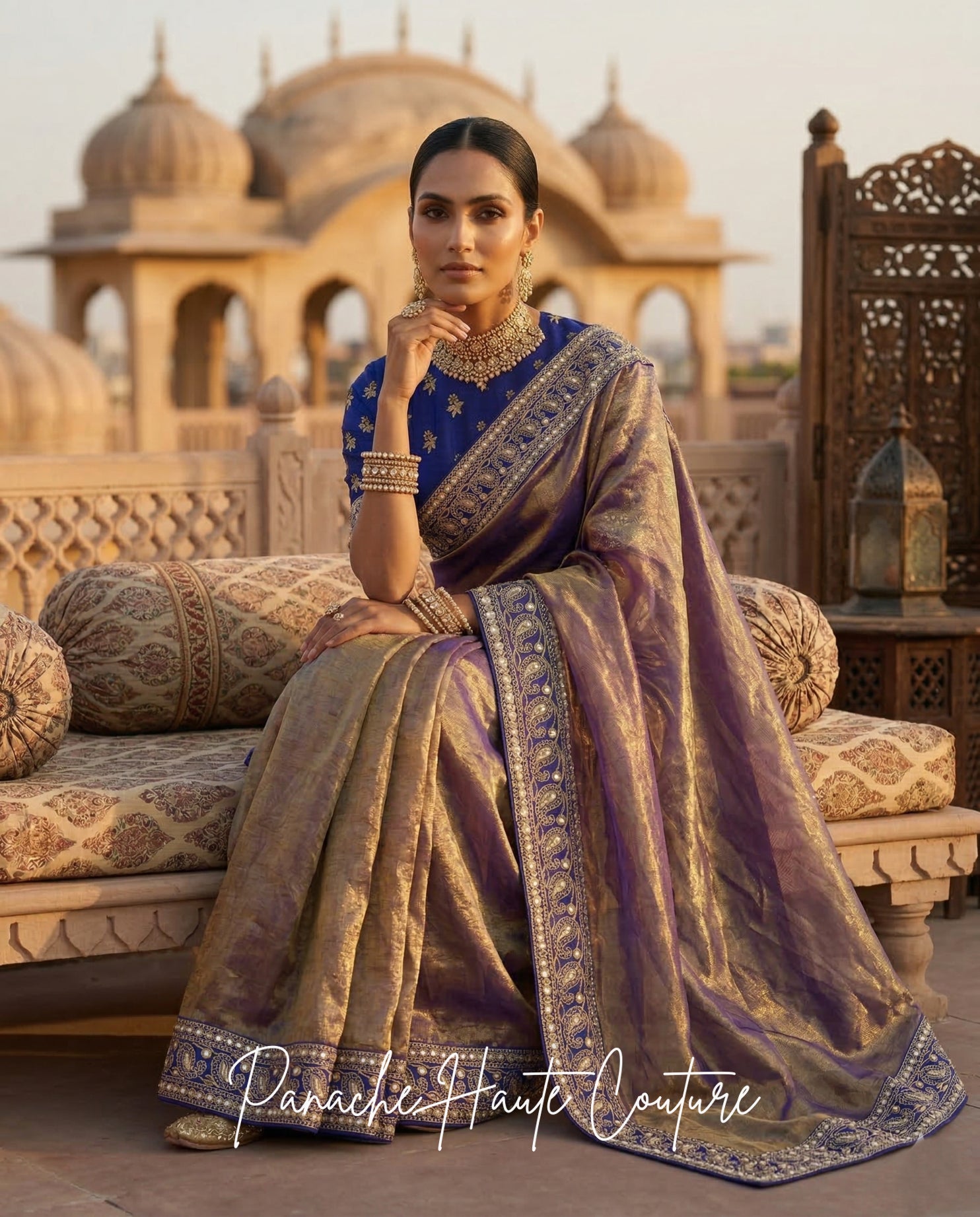 Tara – Banarasi Silk Tissue Saree with Navy Raw Silk Blouse by Panache Haute Couture, Jahan Collection