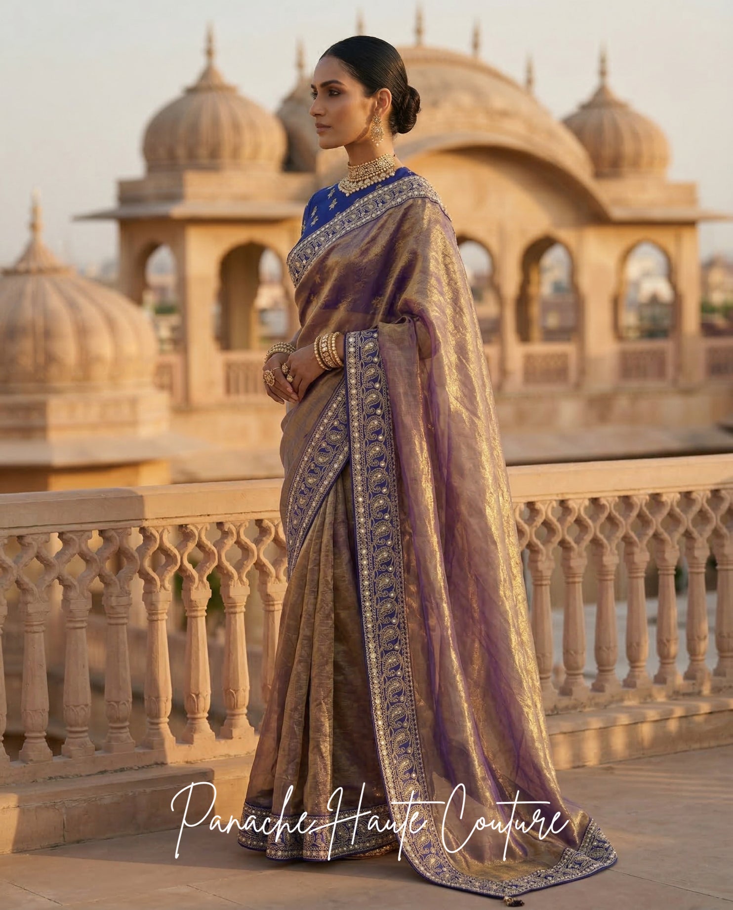 Tara – Banarasi Silk Tissue Saree with Navy Raw Silk Blouse by Panache Haute Couture, Jahan Collection
