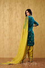 Teal Blue and Chartreuse Yellow Silk Punjabi Suit Elegant Ethnic Wear for Women