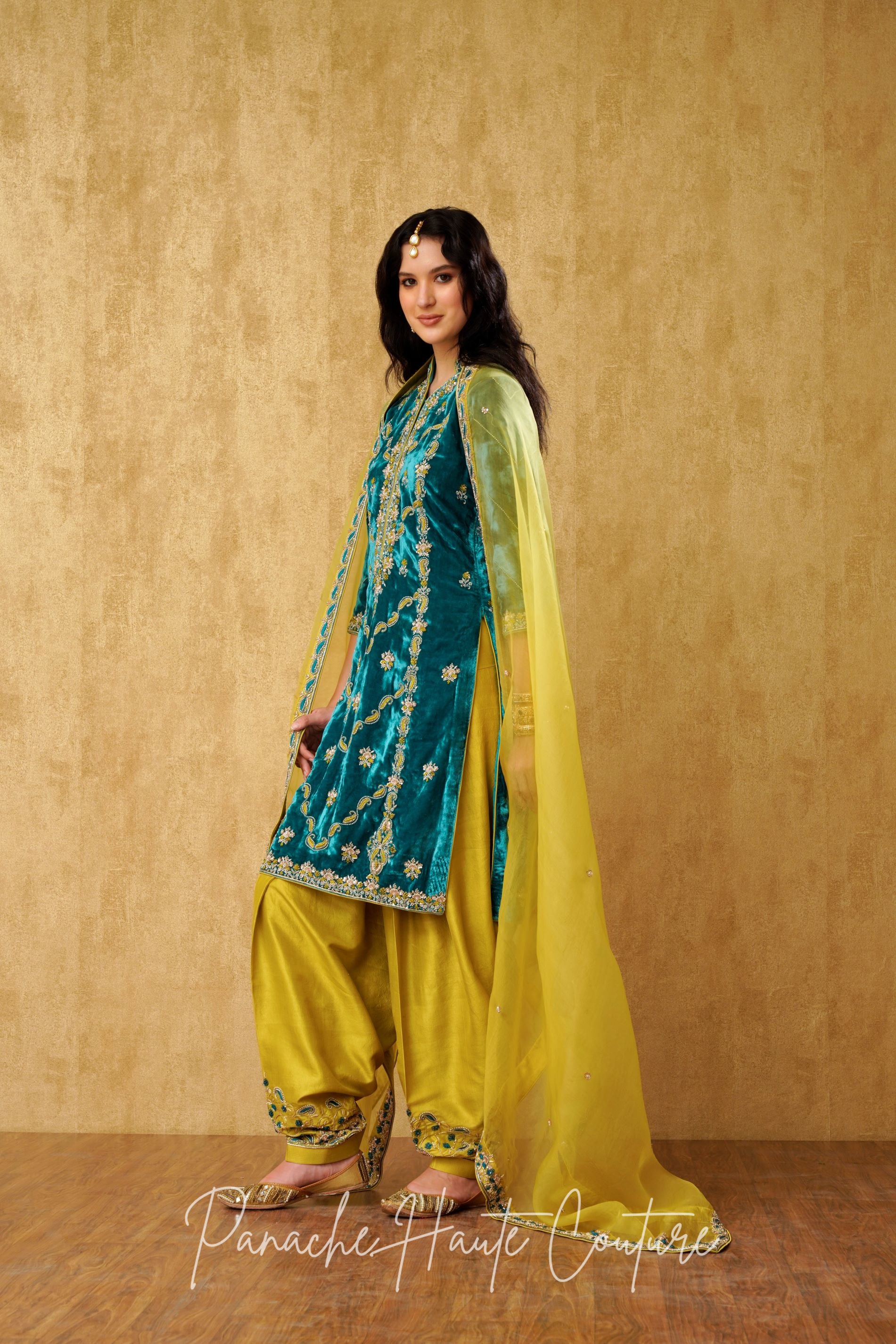 Teal Blue and Chartreuse Yellow Silk Punjabi Suit Elegant Ethnic Wear for Women