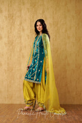 Teal Blue and Chartreuse Yellow Silk Punjabi Suit Elegant Ethnic Wear for Women