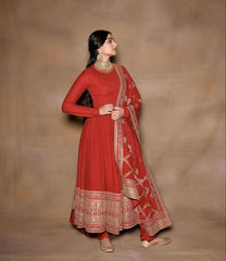 Sabyasachi-Inspired Red Matka Silk Anarkali Suit with Sequin & Dori Work
