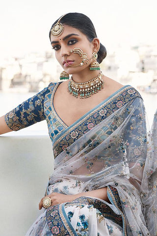 Ivory Printed and Embroidered Saree