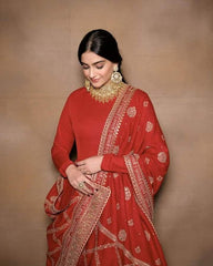 Sabyasachi-Inspired Red Matka Silk Anarkali Suit with Sequin & Dori Work