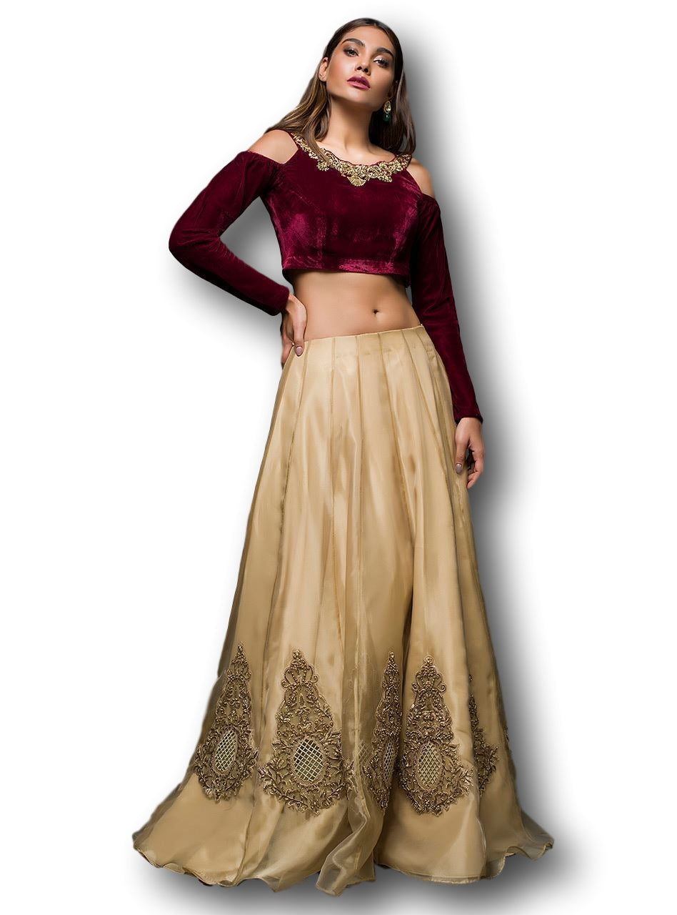 Beige Gold and Maroon Lehenga Choli