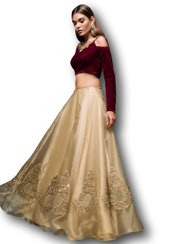 Beige Gold and Maroon Lehenga Choli