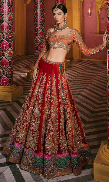 Pearl Embroidered Silk Zardozi Orange Wedding Lehenga Panache Haute Couture 