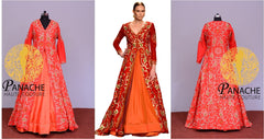 Red and orange color Jacket lehenga in velvet