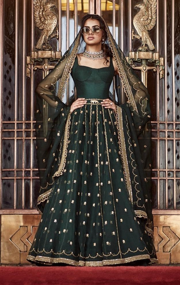 Deep Green Organza Lehenga