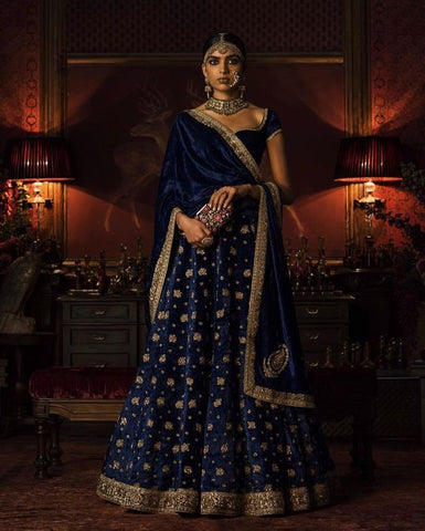 Silk Velvet Blue Color Wedding Lehenga