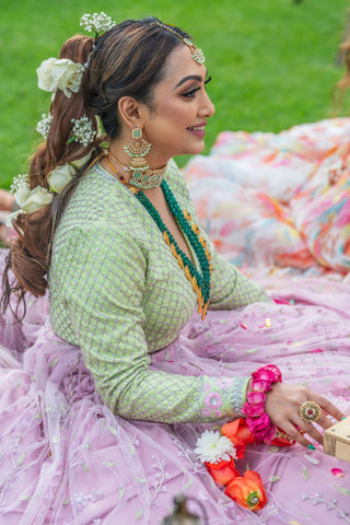 Dazzling Sweet lilac embroidered Partywear lehenga with frill border dupatta 