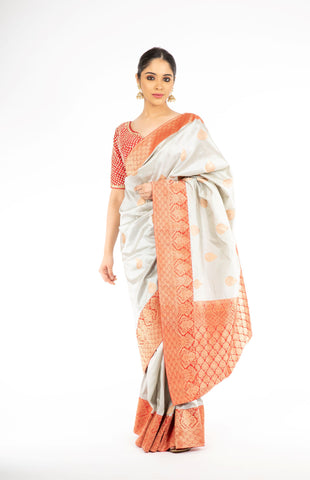 Adorning Grey Handloom Banarasi Silk Saree with Red Color Pallu