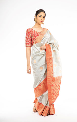 Adorning Grey Handloom Banarasi Silk Saree with Red Color Pallu
