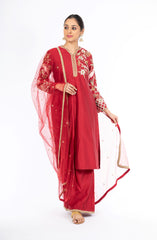 Alluring Deep Red Chanderi Silk Salwar Kameez with Net Dupatta