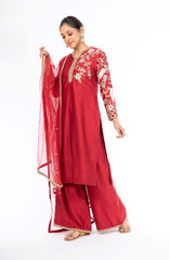 Alluring Deep Red Chanderi Silk Salwar Kameez with Net Dupatta